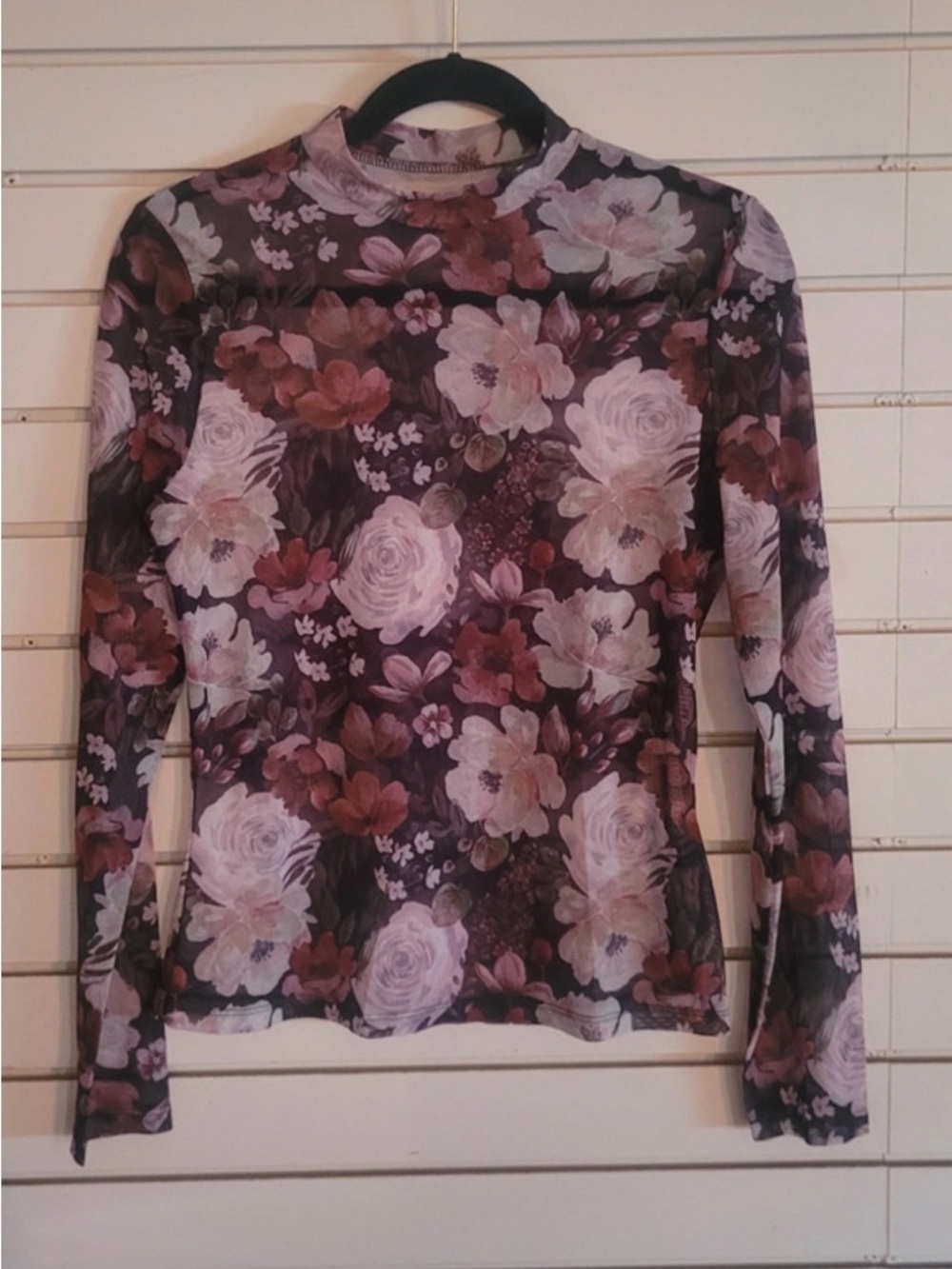 Sheer Floral Mock Neck Long-Sleeve Top in Mauve Pink
